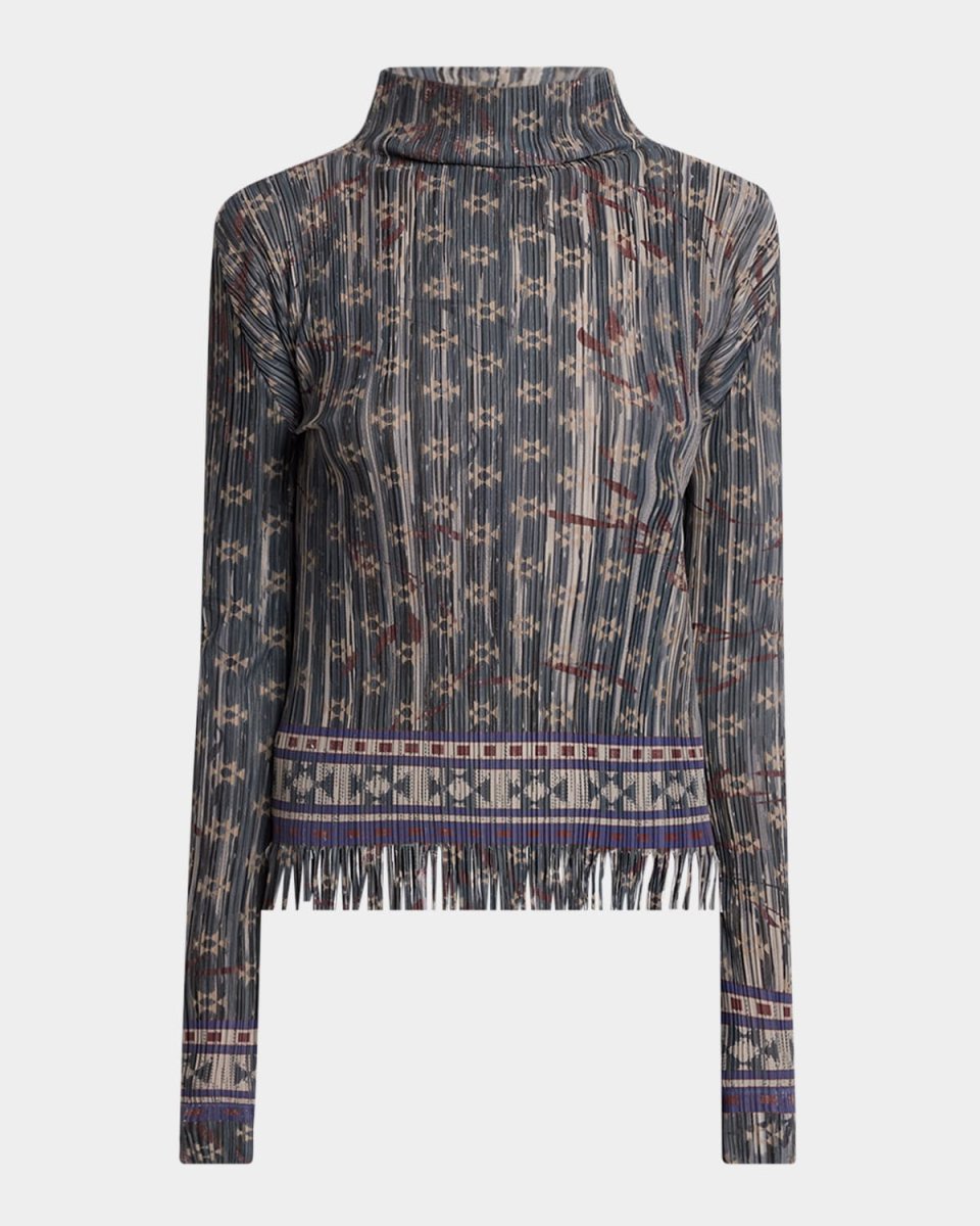 Mock-Neck Geo Jersey Plisse Fringe Top